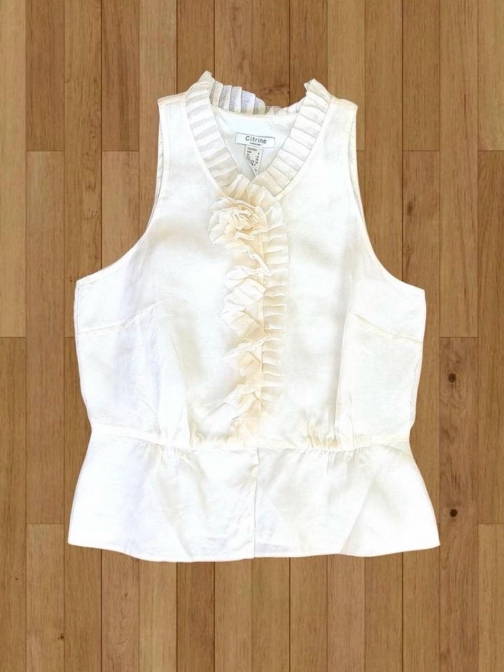Silk White Rose Ruffled Trim Dainty Boho Sleeveless Blouse